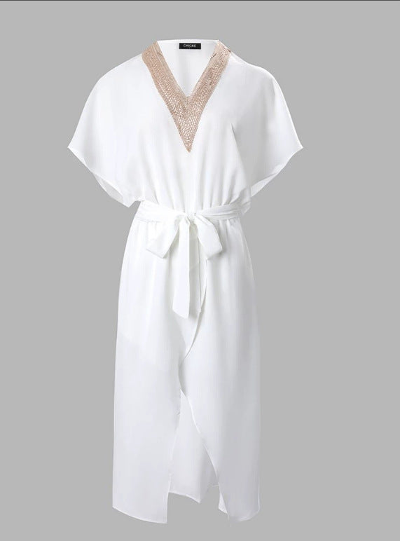 Women's White Midi Dress V-Neck Cotton - Fashinoza