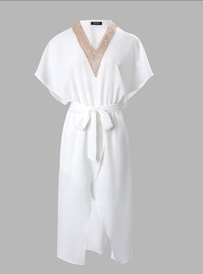 Women's White Midi Dress V-Neck Cotton - Fashinoza