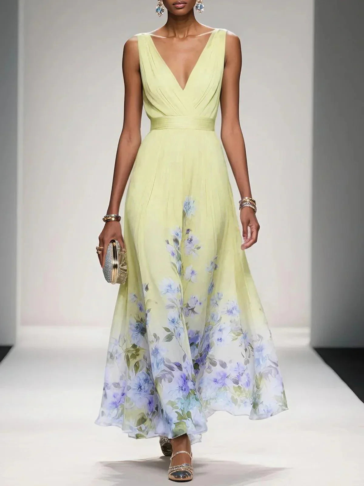 Women's Floral Maxi Dress Sleeveless V-Neck