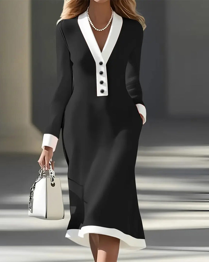 Refined Contrast Button Midi Dress