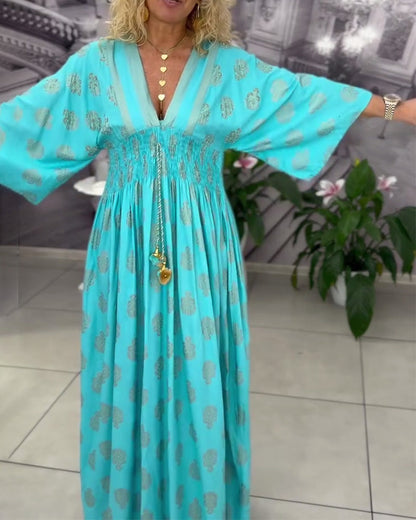 Loose Holiday Print Waist Maxi Dress