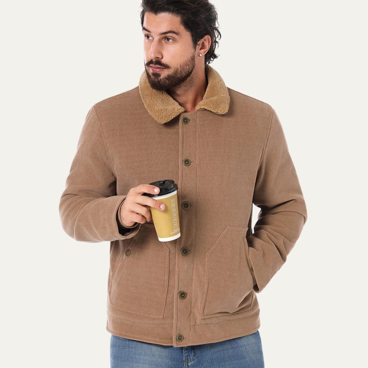Men's Corduroy Sherpa Jacket Button Up Brown