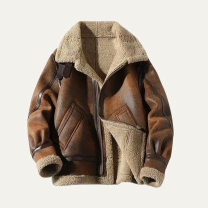 Men's Retro Shearling Leather Jacket Warm Fur Lining - Fashinoza