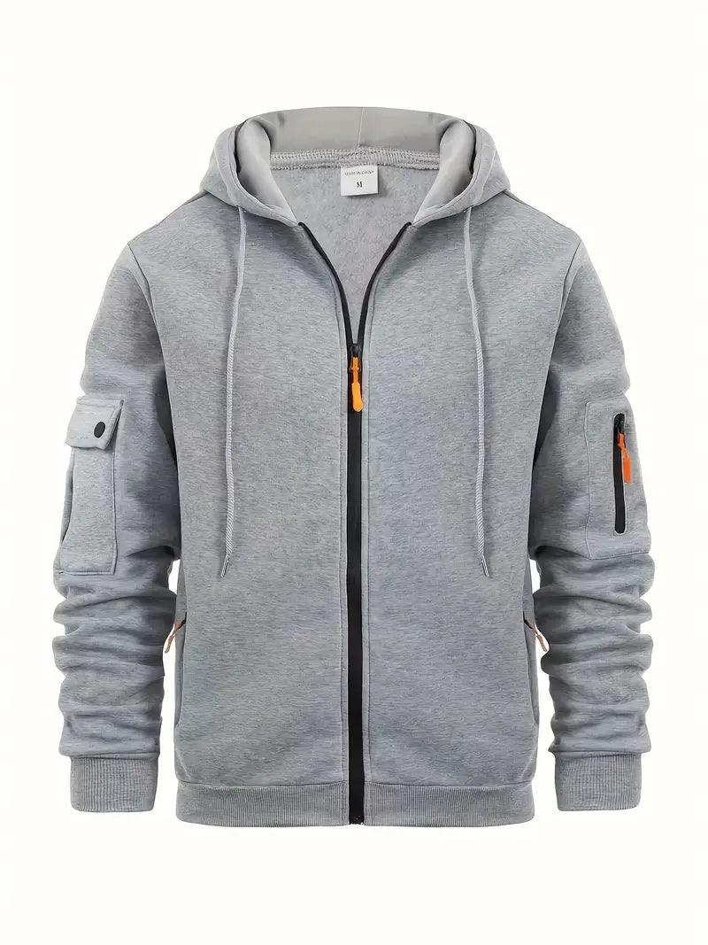 Men's Zip-Up Hoodie Cotton Drawstring Functional Pockets Black - Fashinoza