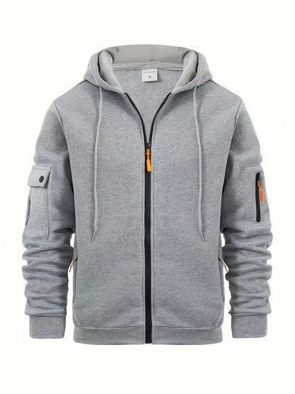 Men's Zip-Up Hoodie Cotton Drawstring Functional Pockets Black - Fashinoza