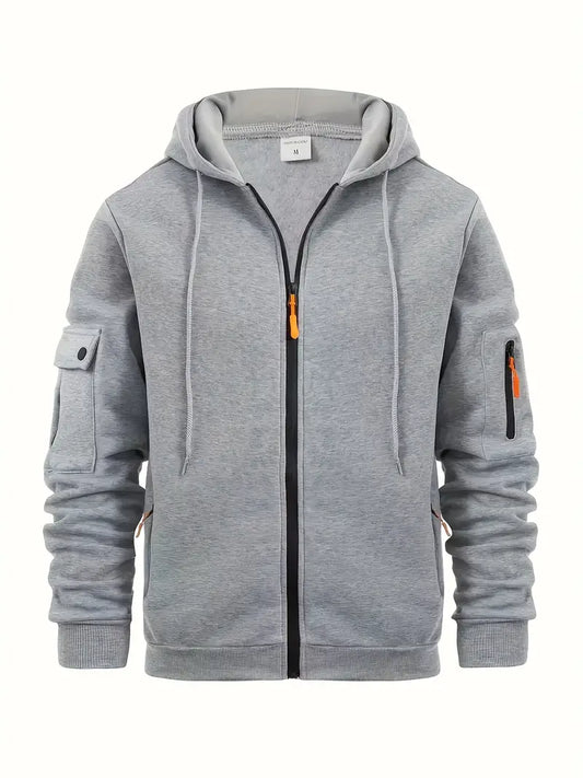 Men's Zip-Up Hoodie Cotton Drawstring Functional Pockets Black - Fashinoza