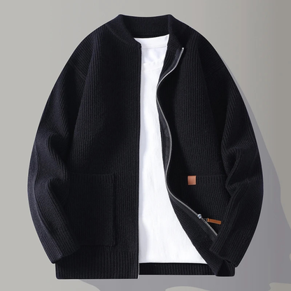 Men's Rib Knit Zip Cardigan Casual Stand Collar