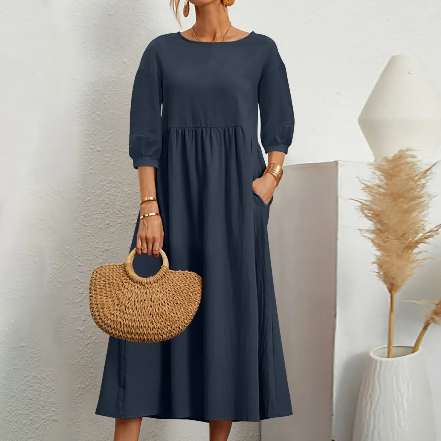 Women's Midi Patchwork Dress Comfortable Casual