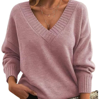 Women's Textured Knit Sweater Relaxed Fit V-Neck Cozy