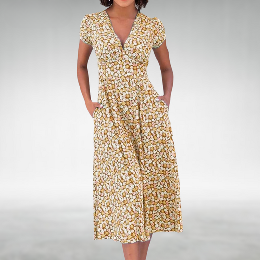 Women's Floral Midi Dress Short Sleeve V-Neck with Pockets - 
Fashinoza