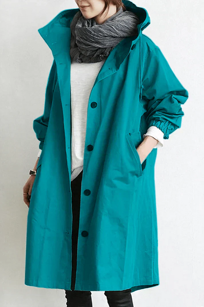 Women's Hooded Trench Coat Oversized Cotton Button Front Beige