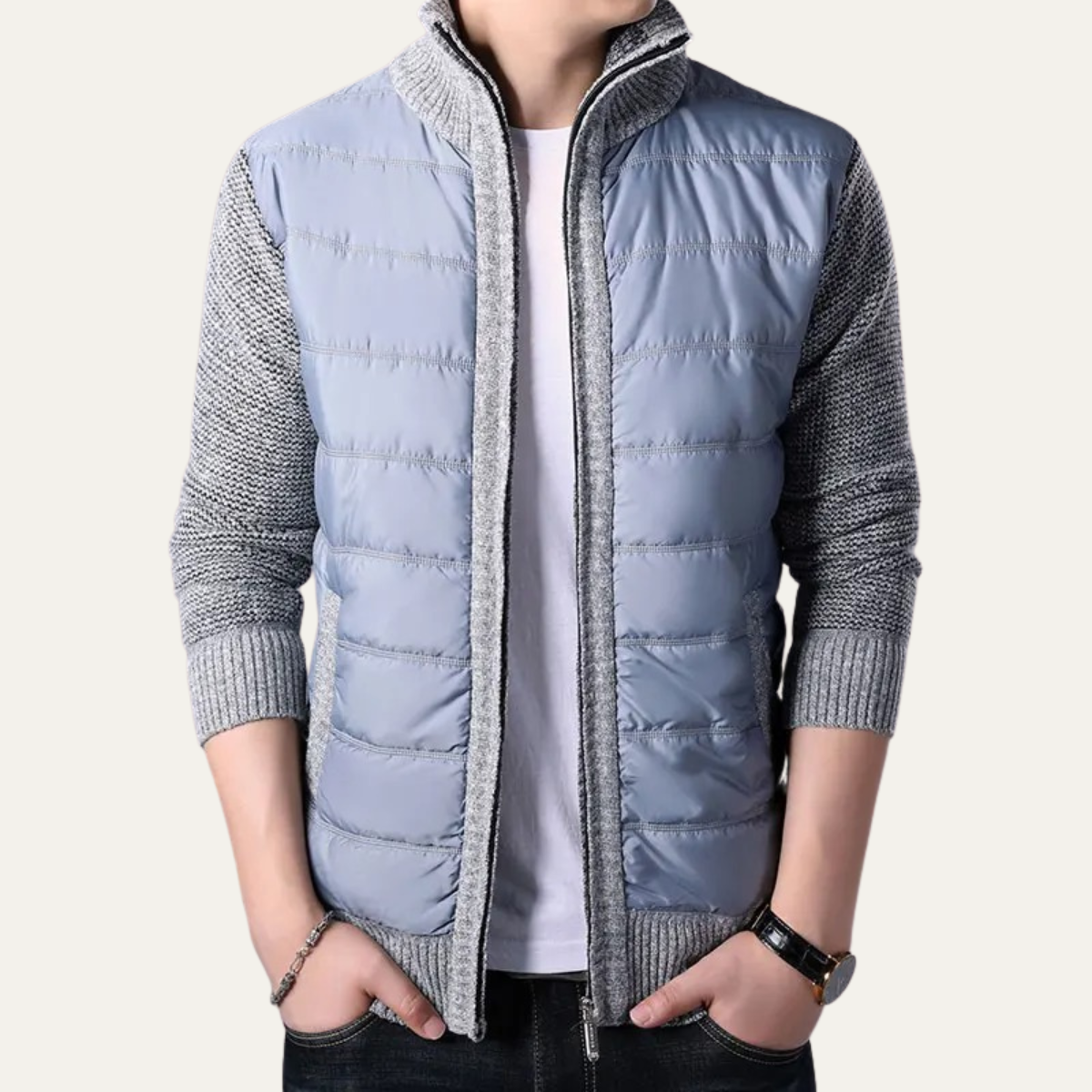Men's Winter Puffer Jacket Zip Up Knit Sleeve