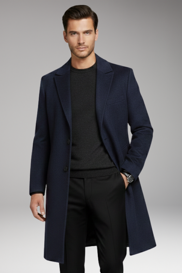 Men's Notched Lapel Long Coat Seam Pockets