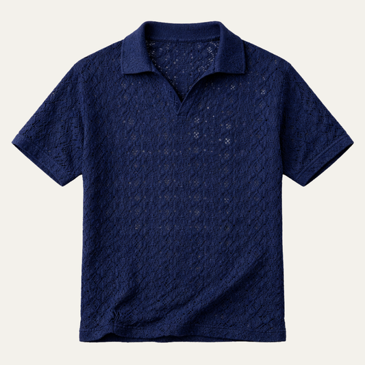 Men's Linen Shirt Crochet Mesh Navy Blue - Fashinoza