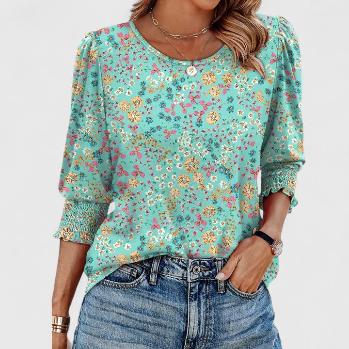 Women's Smocked Crew Neck 3/4 Sleeve