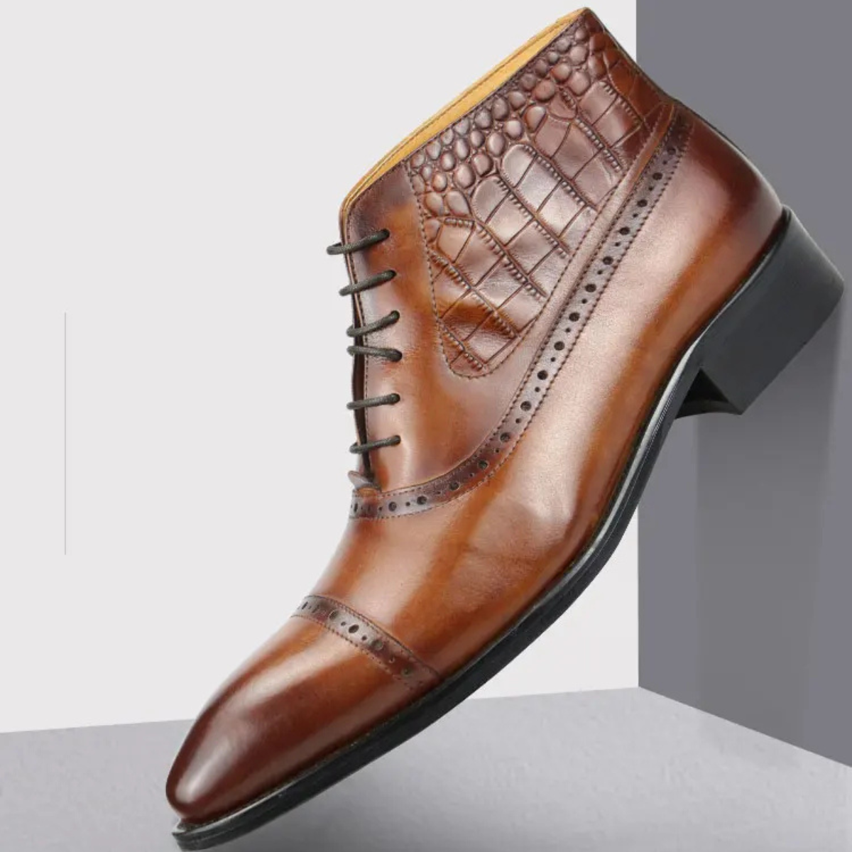 Men's Leather Brogue Dress Boots Ankle Lace Up Black