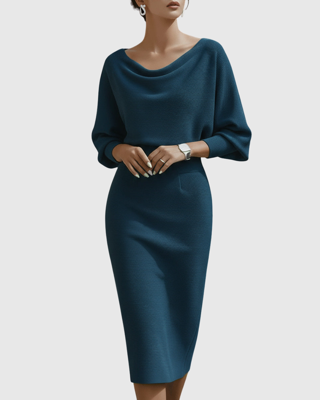 Vivienne Women's Ribbed Midi Dress Batwing Sleeves Cowl Neck