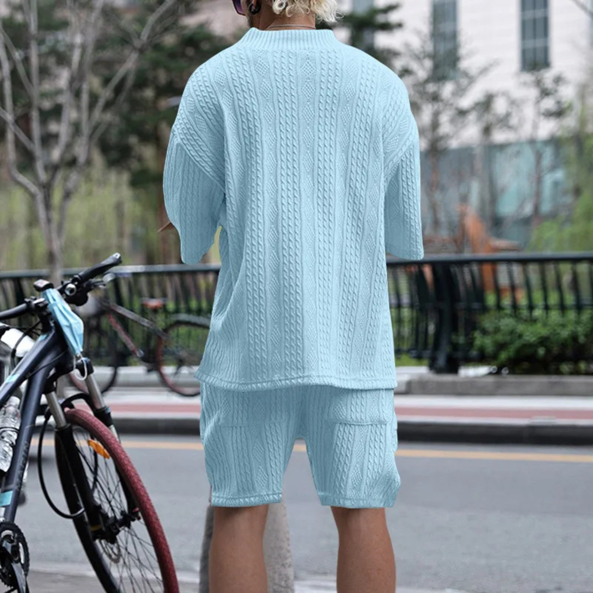 Men's Summer Knit Polo Shirt And Shorts Set Lightweight Red