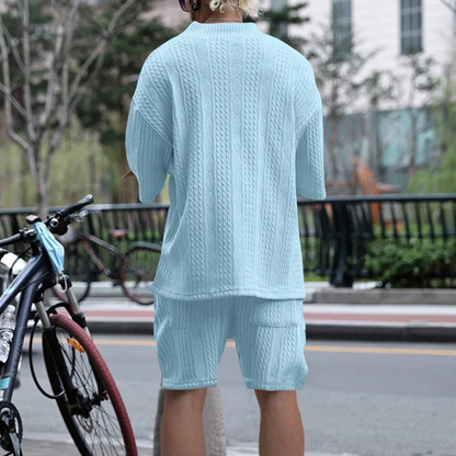 Men's Summer Knit Polo Shirt And Shorts Set Lightweight Red