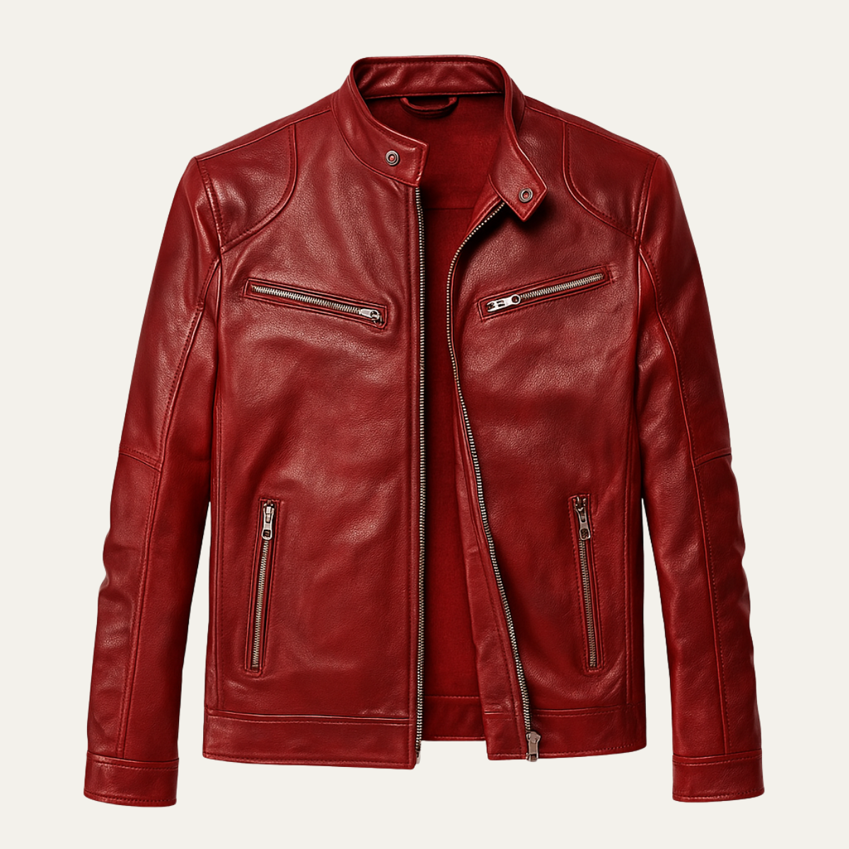 Men's Leather Biker Jacket Vintage Style Zip Up - Fashinoza