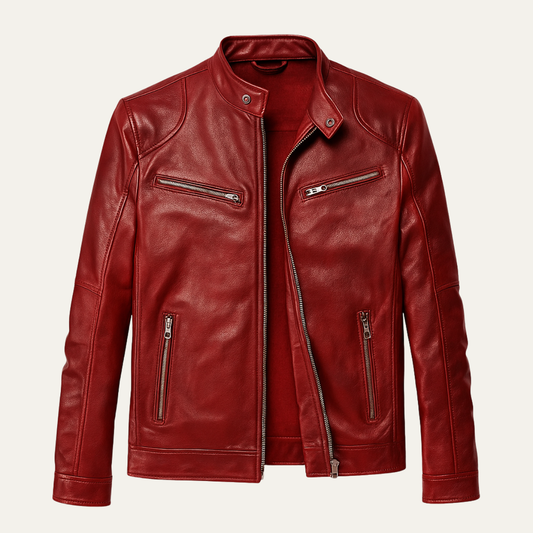 Men's Leather Biker Jacket Vintage Style Zip Up - Fashinoza