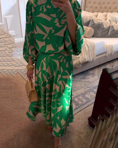 Women's Printed Two-Piece Set Lantern Sleeves