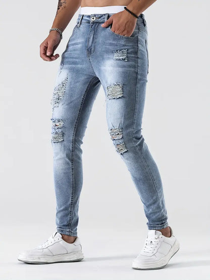 Men's Ripped Skinny Jeans Distressed Denim Blue