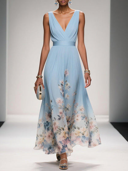Women's Floral Maxi Dress Sleeveless V-Neck - 
Fashinoza