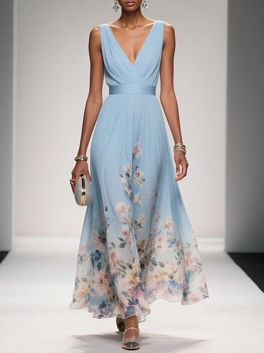 Women's Floral Maxi Dress Sleeveless V-Neck - 
Fashinoza
