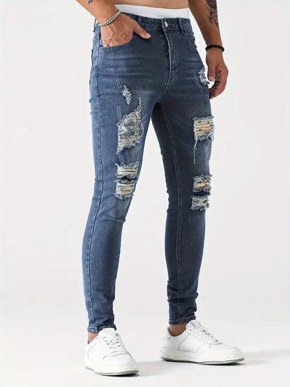 Men's Ripped Skinny Jeans Distressed Denim Blue