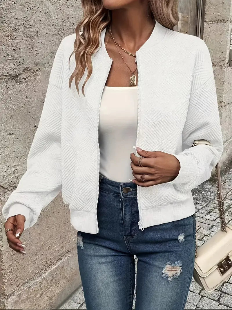 Women's Zip-Up Cardigan Textured Ribbed Hem Long Sleeves