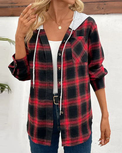 Women's Hooded Checkered Jacket Cozy Fall Outerwear