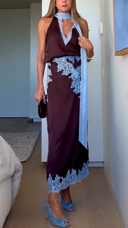 Women's Lace And Skirt Set Brown Blue - Fashinoza