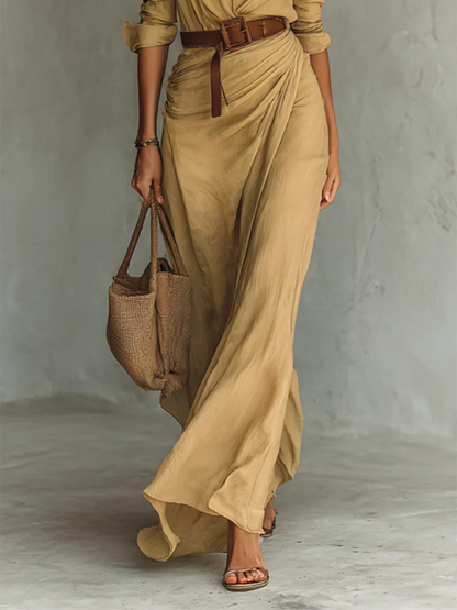 Women's Long Sleeve Belted Maxi Dress