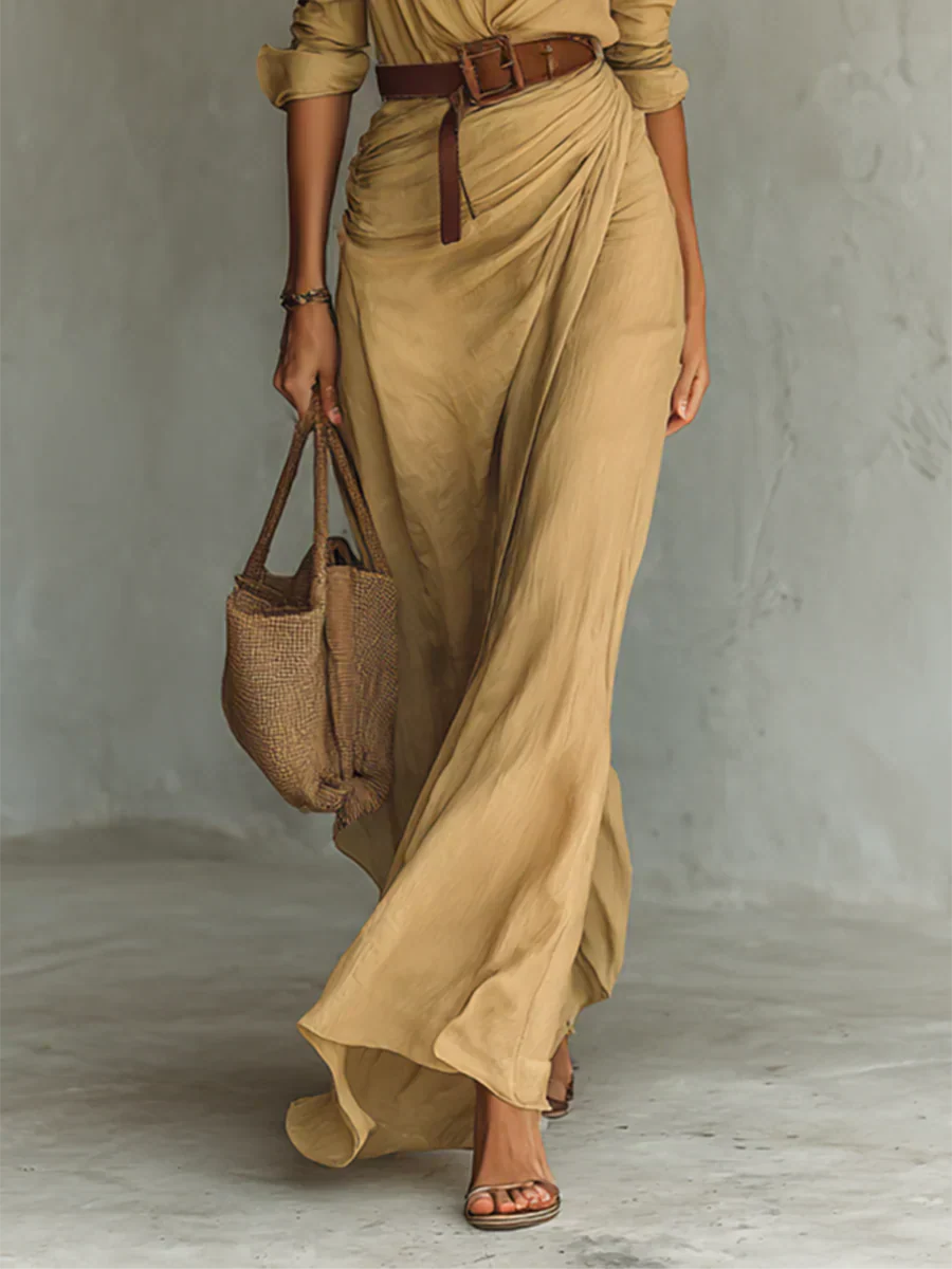 Women's Long-Sleeve Maxi Dress Belted