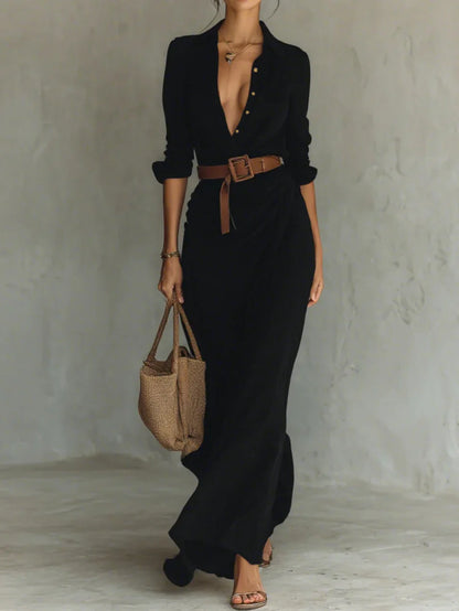 Women's Long Sleeve Belted Maxi Dress