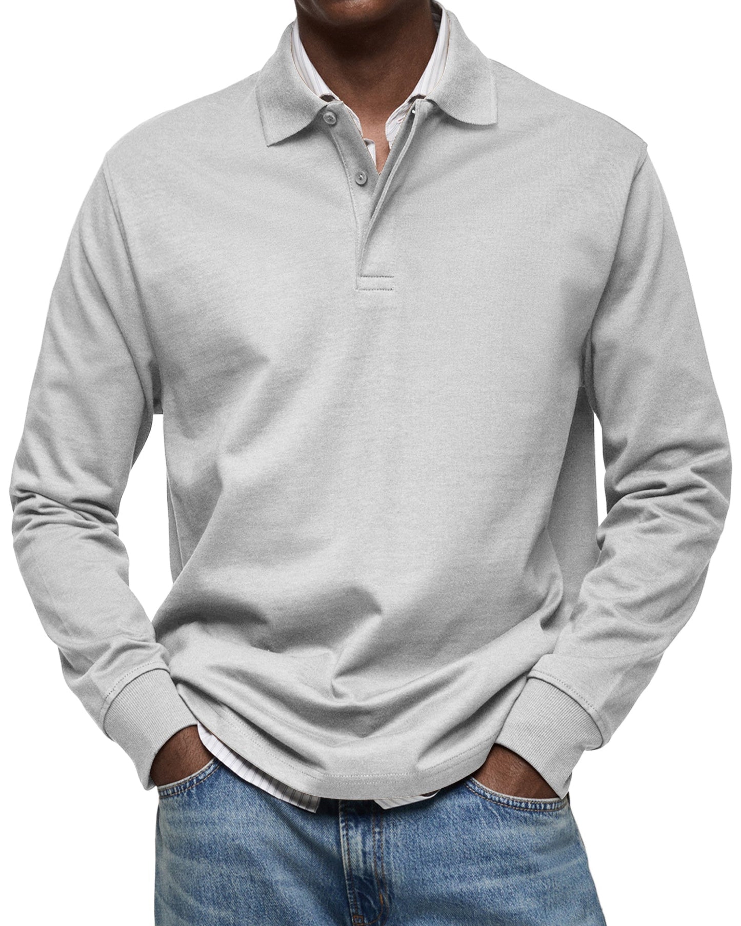 Men's Long-Sleeve Polo Shirt Cotton Button Collar