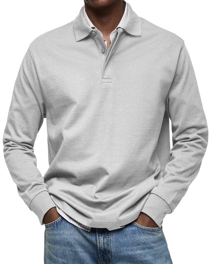 Men's Long-Sleeve Polo Shirt Cotton Button Collar