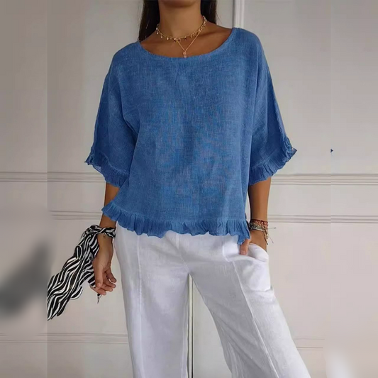 Women's Ruffle Blouse Half-Sleeve Round Neckline - 
Fashinoza