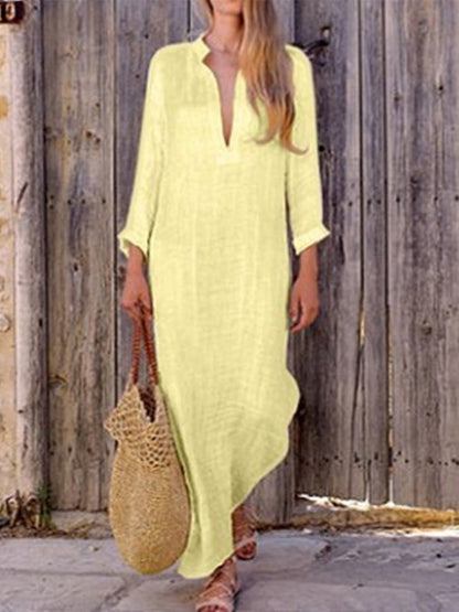 Women's Solid Color V-Neck Linen Pocket Dress