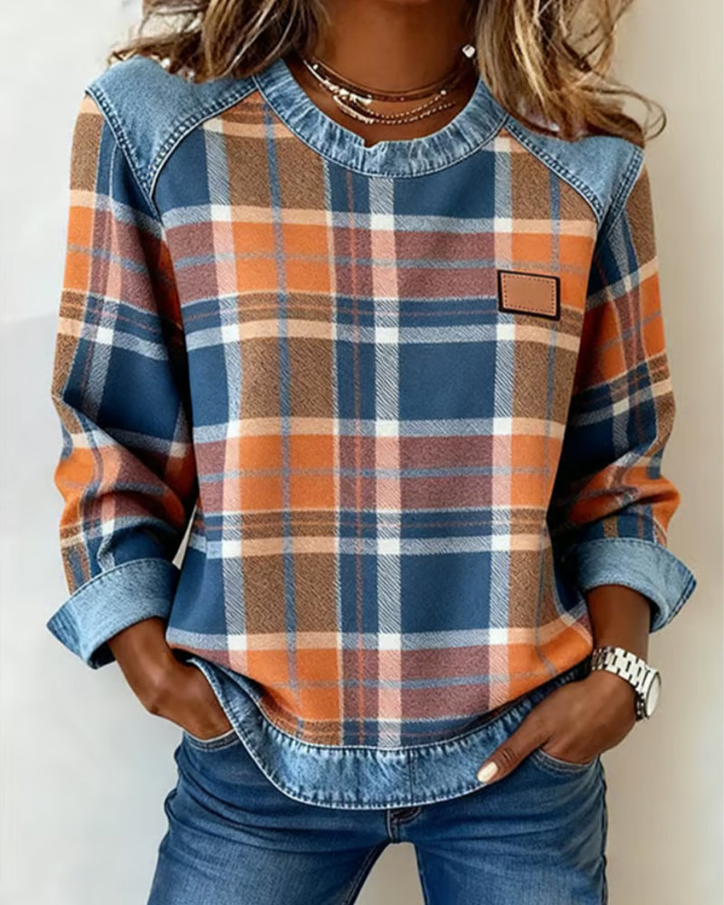 Ainsley Checkered Patchwork Sweatshirt - Fashinoza