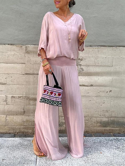 Women's V-Neck Jumpsuit Wide Leg Batwing Sleeve 2 Piece