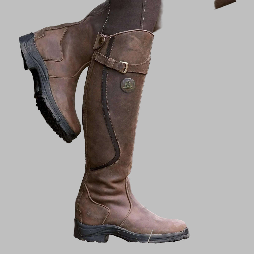Women's Distressed Leather Hiking Boots Knee-Length Buckled Strap - 
Fashinoza
