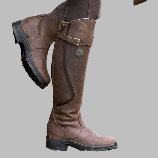Women's Distressed Leather Hiking Boots Knee-Length Buckled Strap - 
Fashinoza