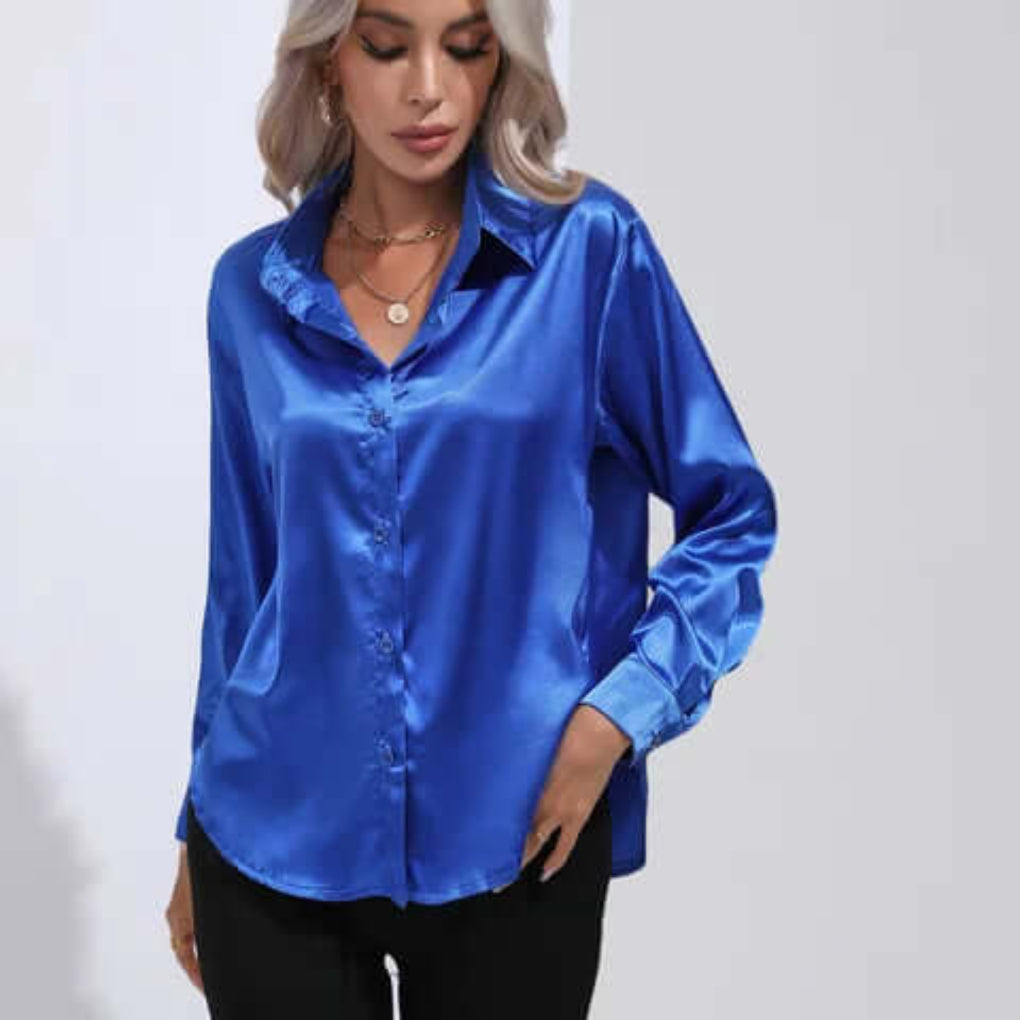 Women's Satin Long Sleeve Blouse Loose Fit - Fashinoza