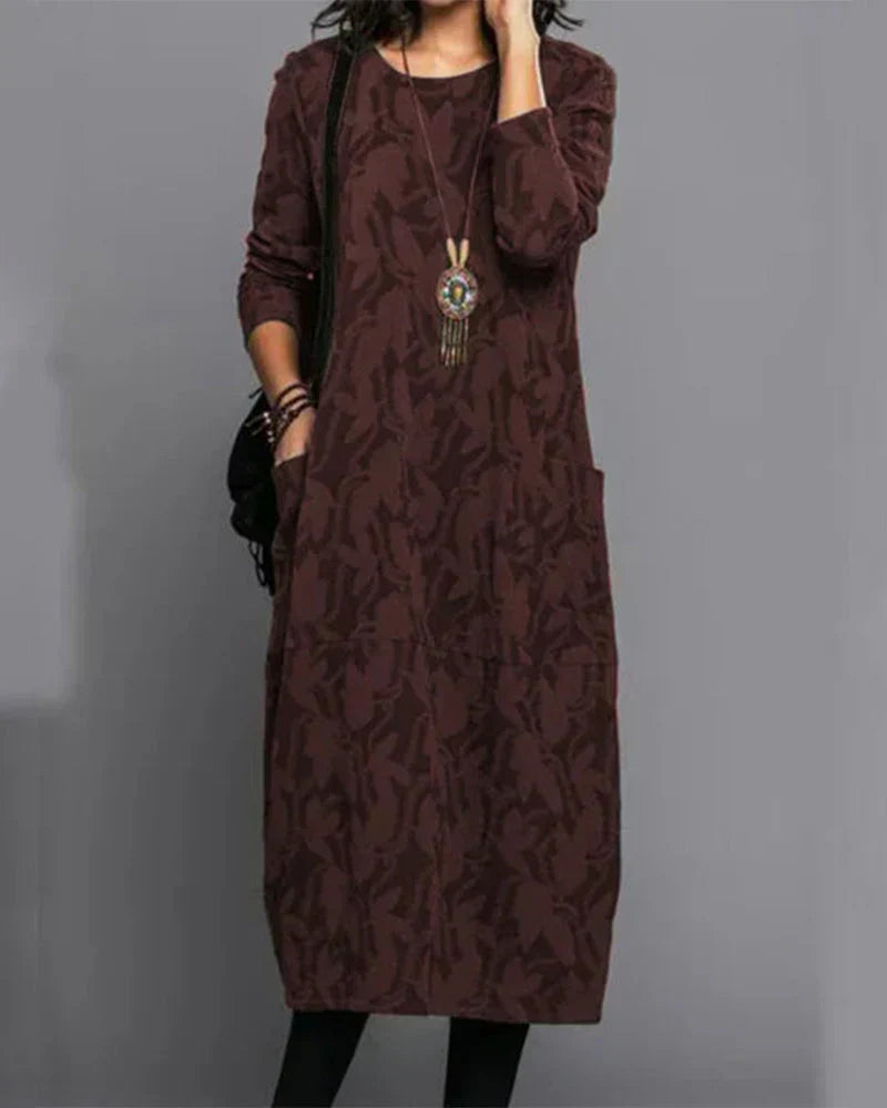 Women's Midi Dress Printed Round Neck Long Sleeves