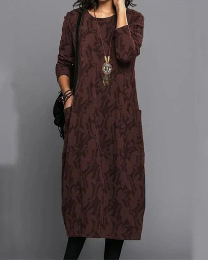 Women's Midi Dress Printed Round Neck Long Sleeves