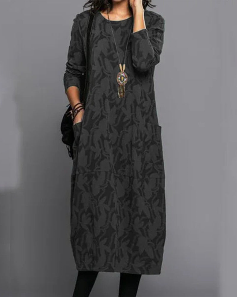 Women's Midi Dress Printed Round Neck Long Sleeves
