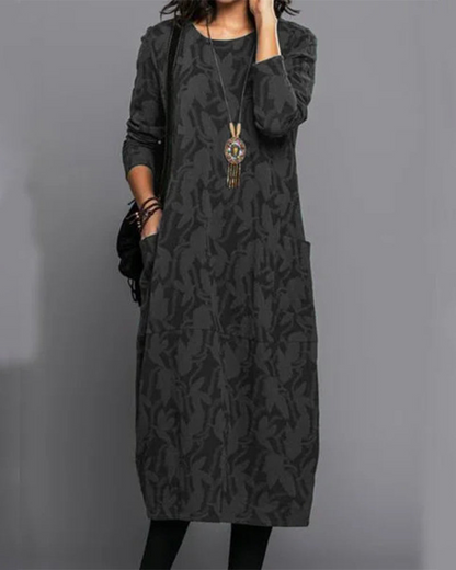 Women's Midi Dress Printed Round Neck Long Sleeves
