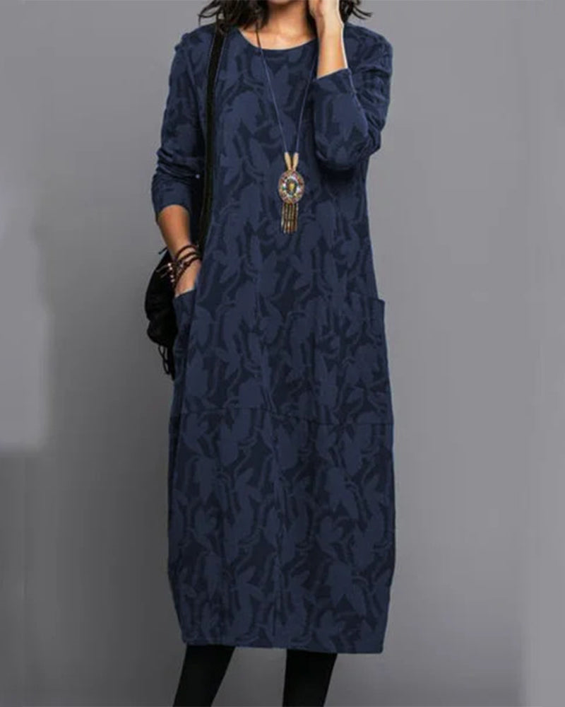 Women's Midi Dress Printed Round Neck Long Sleeves